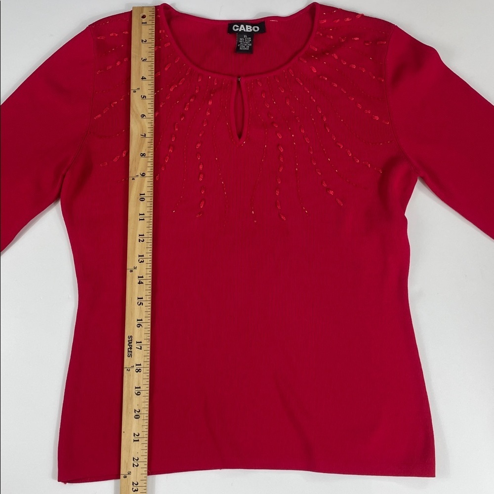 Cabo Red Embellished Sweater XL Keyhole Neck Long Sleeve Knit Womens Top - Picture 3 of 6